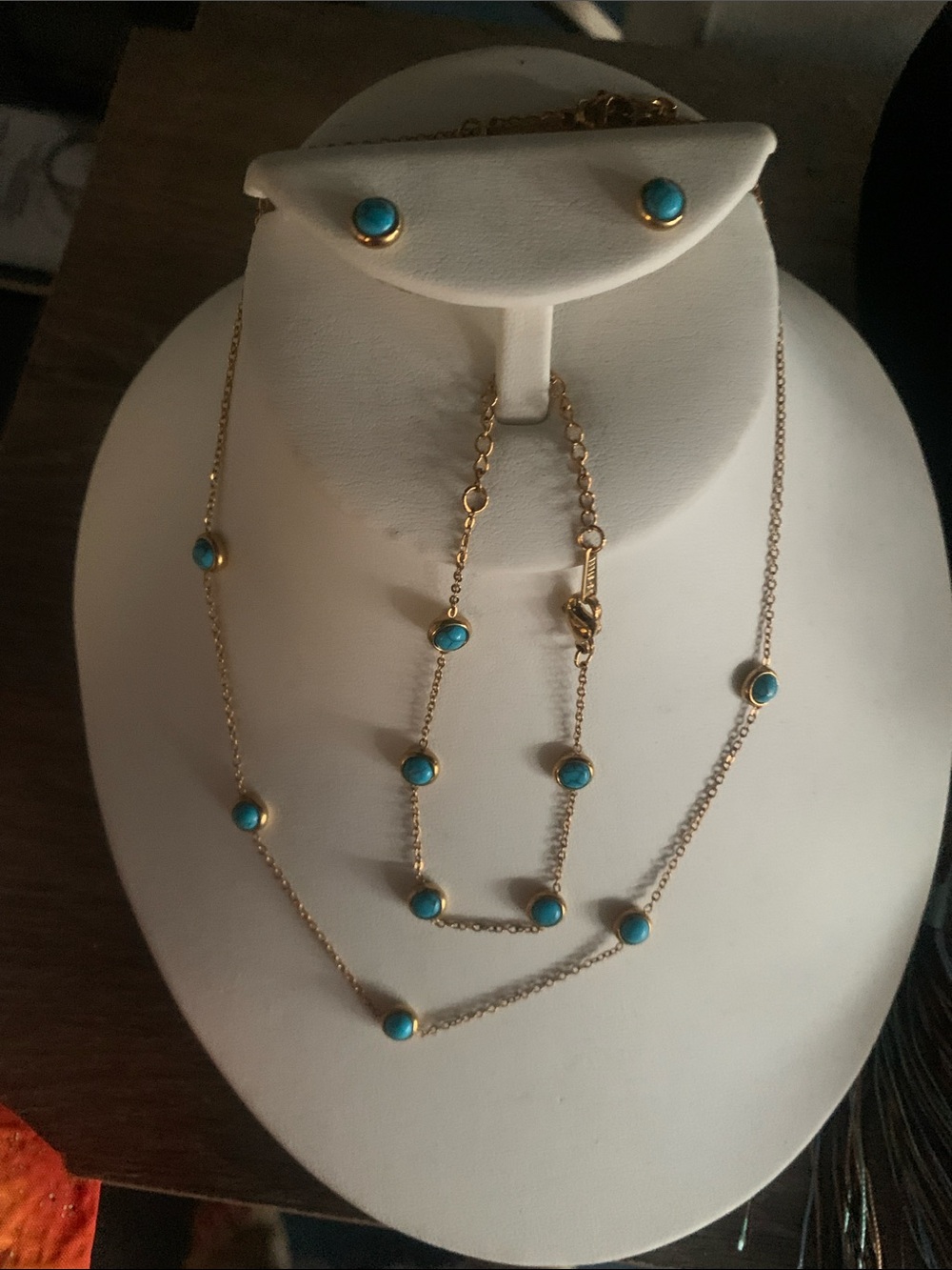Gold-Tone Layered Necklace and Stud Earrings with Turquoise Accents
